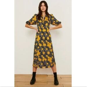 BA&SH Babeth Floral Crepe Midi Shirt Dress Size 2 Curry Yellow French Designer